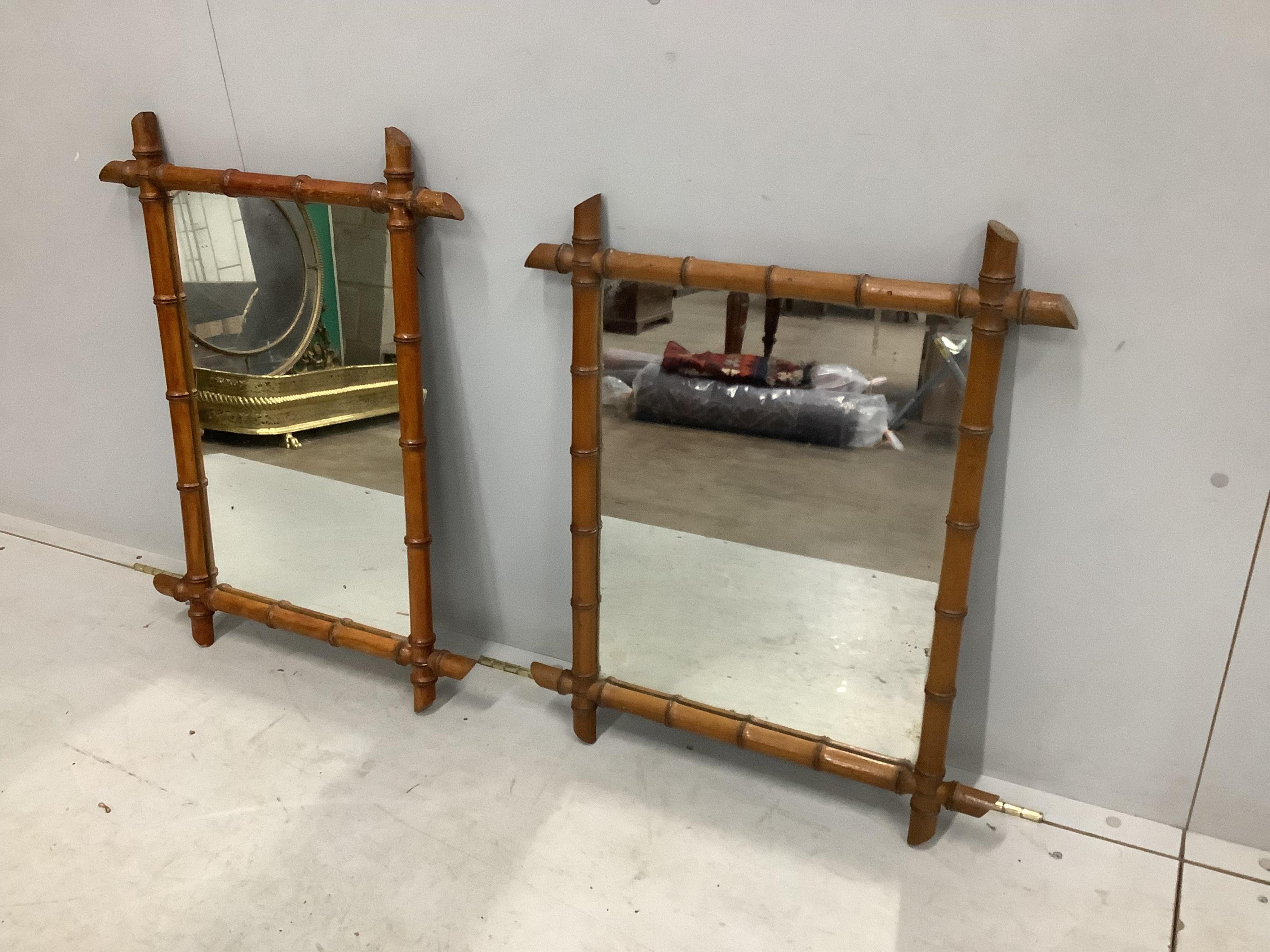 Two early 20th century French rectangular faux bamboo wall mirrors, larger width 58cm, height 77cm. Condition - fair